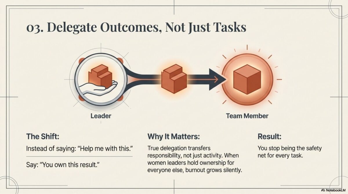 Visual showing delegation framework with leader transferring ownership of outcomes to team members