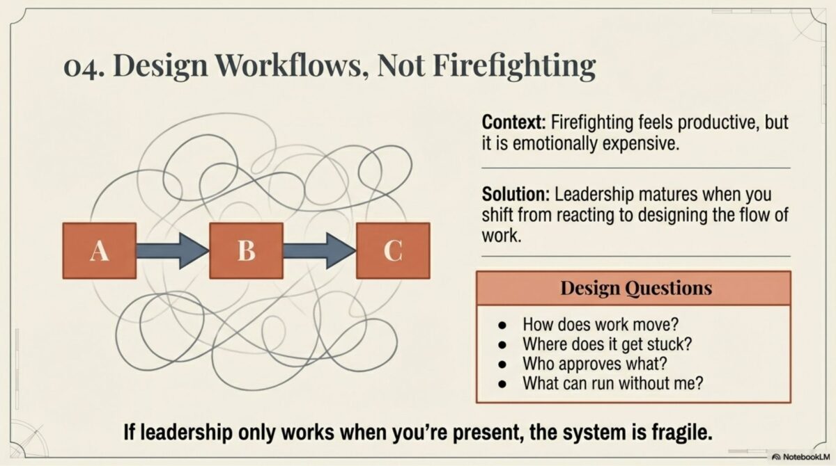 Flowchart contrasting reactive firefighting with proactive workflow design showing clear process steps A to B to C
