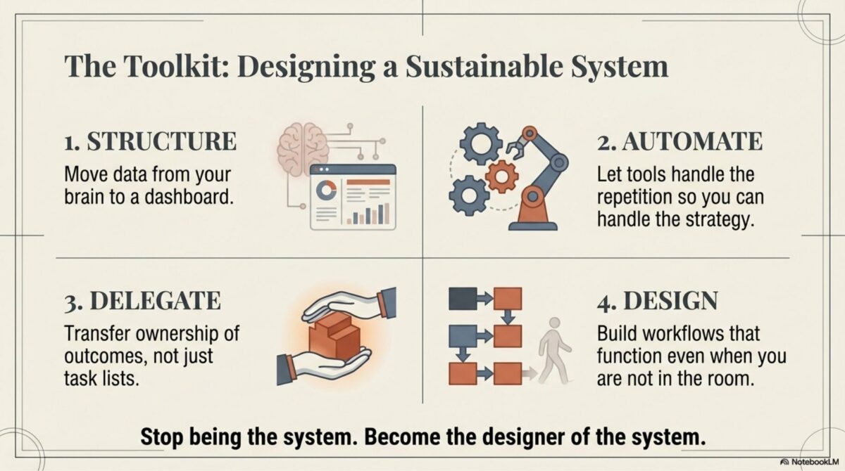 Four-part framework showing Structure, Automate, Delegate, and Design as pillars of sustainable leadership systems