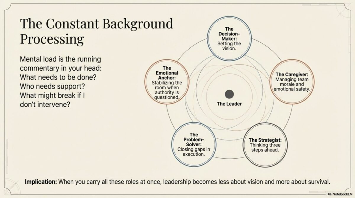 iagram illustrating mental load of women leaders showing five overlapping roles: Decision-Maker, Emotional Anchor, Caregiver, Problem-Solver, and Strategist