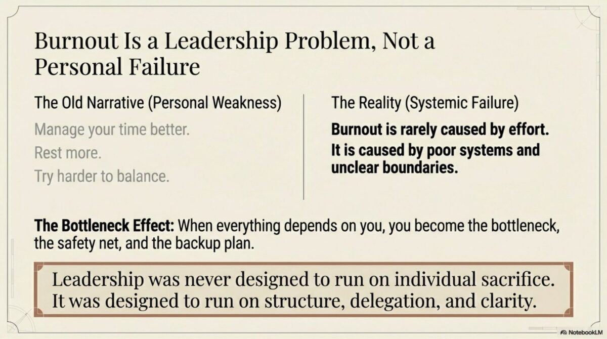 Comparison graphic contrasting old narrative of personal weakness with reality of systemic failure in leadership burnout