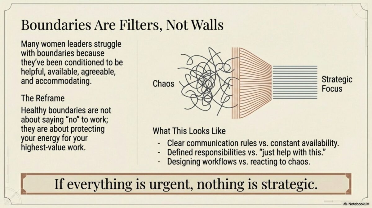 Visual metaphor showing chaos filtered through boundaries into strategic focus with examples of healthy boundary implementation