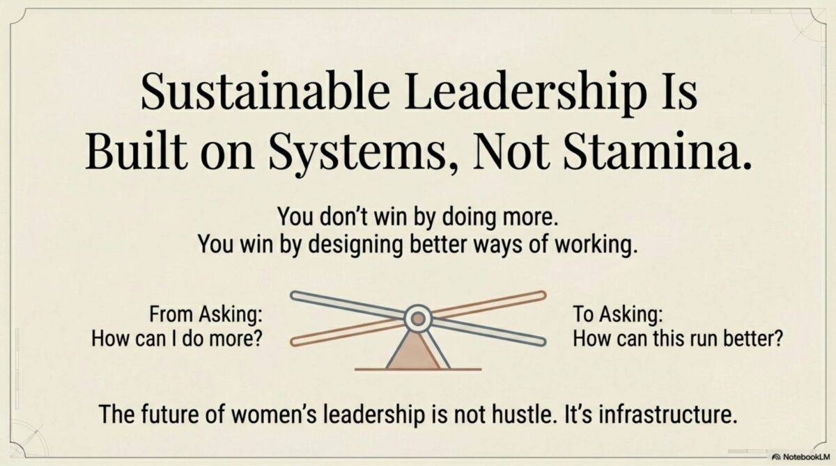 Graphic illustrating shift from 'How can I do more?' to 'How can this run better?' with emphasis on infrastructure over hustle