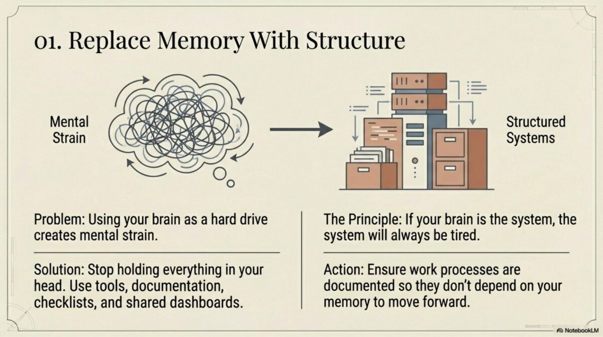 Infographic showing transition from mental strain to structured systems using tools, documentation, and dashboards